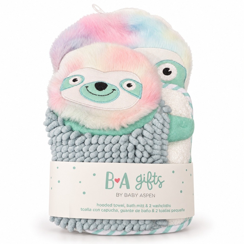 Baby Aspen Sloth Bath Set OS Rainbow Hooded Towel Mitt Washcloths 4pc BA14109RB